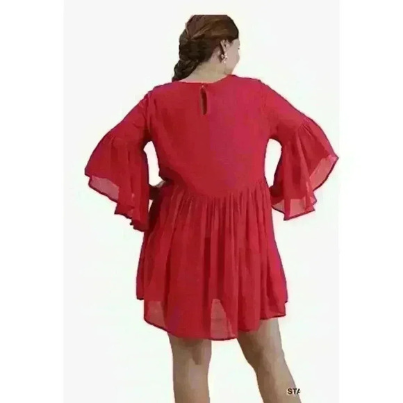 Umgee Red Women's Floral Embroidered Keyhole Bell Sleeve Mini Dress Bohemian SM - Picture 2 of 8